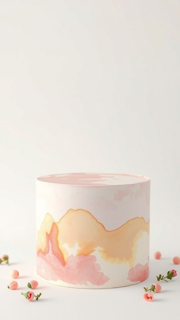 A beautifully designed watercolor cake with soft pink and yellow hues, surrounded by small edible flowers.
