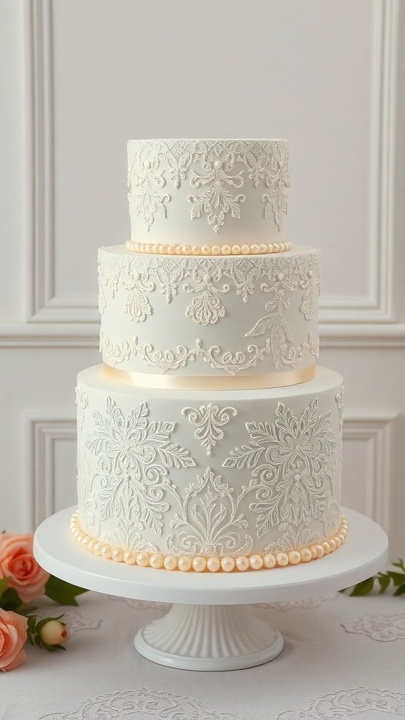 A three-tiered birthday cake with vintage lace detailing and pearl accents, surrounded by soft pink roses.