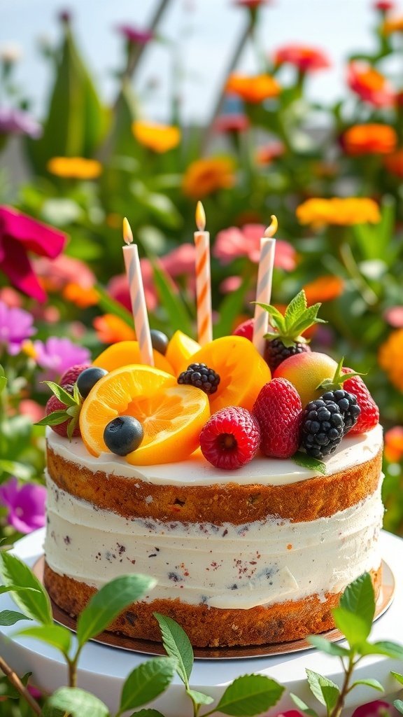 A birthday cake topped with seasonal fruits like oranges, raspberries, and blackberries, surrounded by colorful flowers.