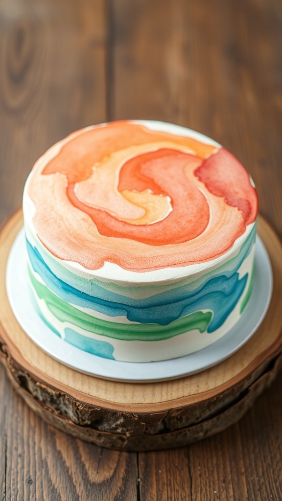 A beautifully decorated cake with watercolor swirls in orange, red, and blue on a wooden base.