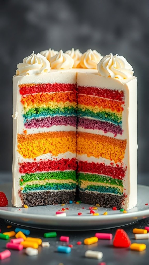 A colorful rainbow layer cake with red, orange, yellow, green, blue, and purple layers, topped with white frosting and decorative swirls.