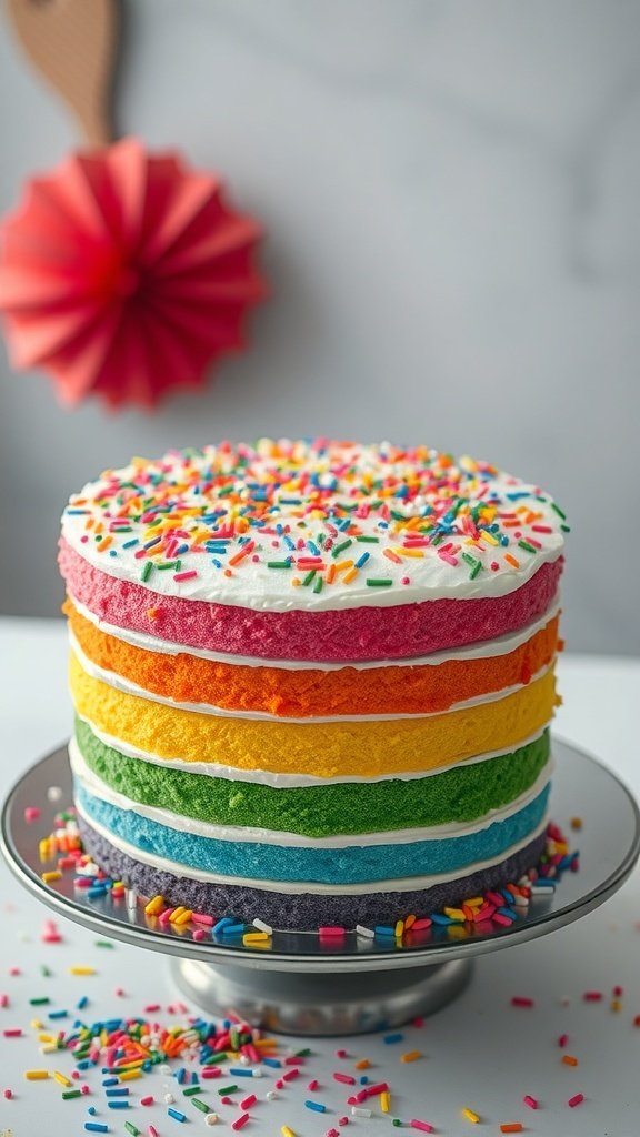 A vibrant rainbow layer cake with colorful layers and sprinkles on top.