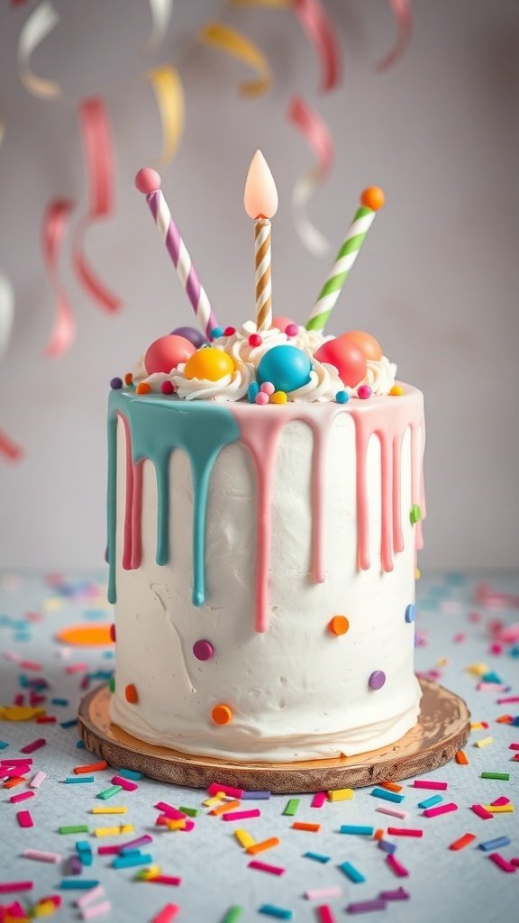 A colorful whimsical drip cake with pink and blue ganache, topped with candy balls and candles, surrounded by festive confetti.