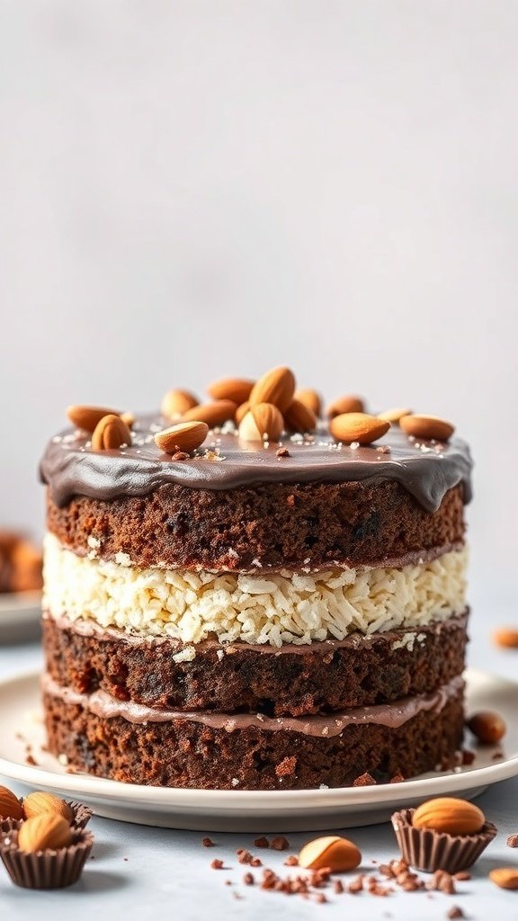 A beautifully layered Almond Joy Cake topped with chocolate ganache and almonds.