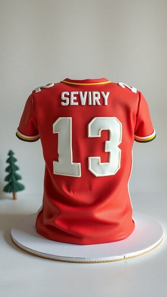 A cake shaped like a red sports jersey with the name SEVIRY and number 13.