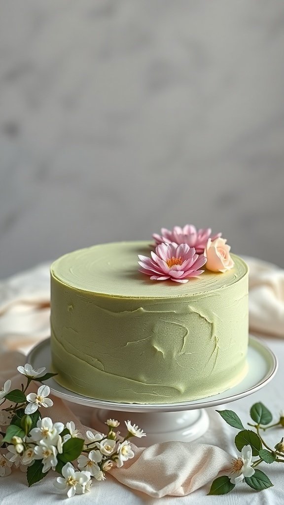 A matcha green tea cake decorated with pink flowers on top, surrounded by white flowers and green leaves.