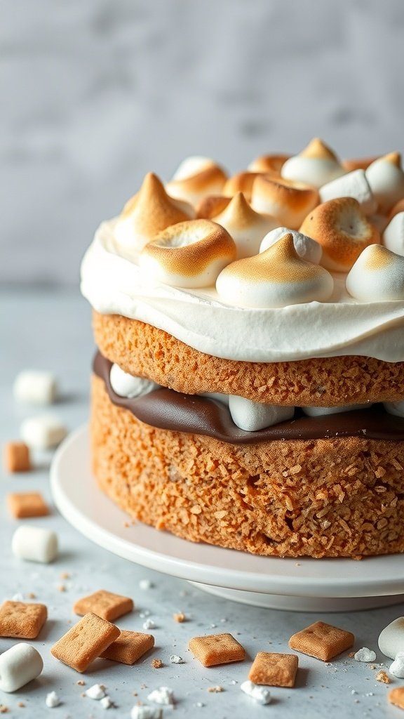 A delicious S'mores Cake with layers of graham cracker and chocolate, topped with toasted meringue.
