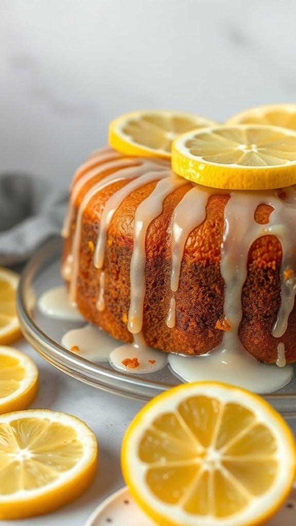 A lemon drizzle cake topped with lemon slices and icing, surrounded by lemon slices on a plate.