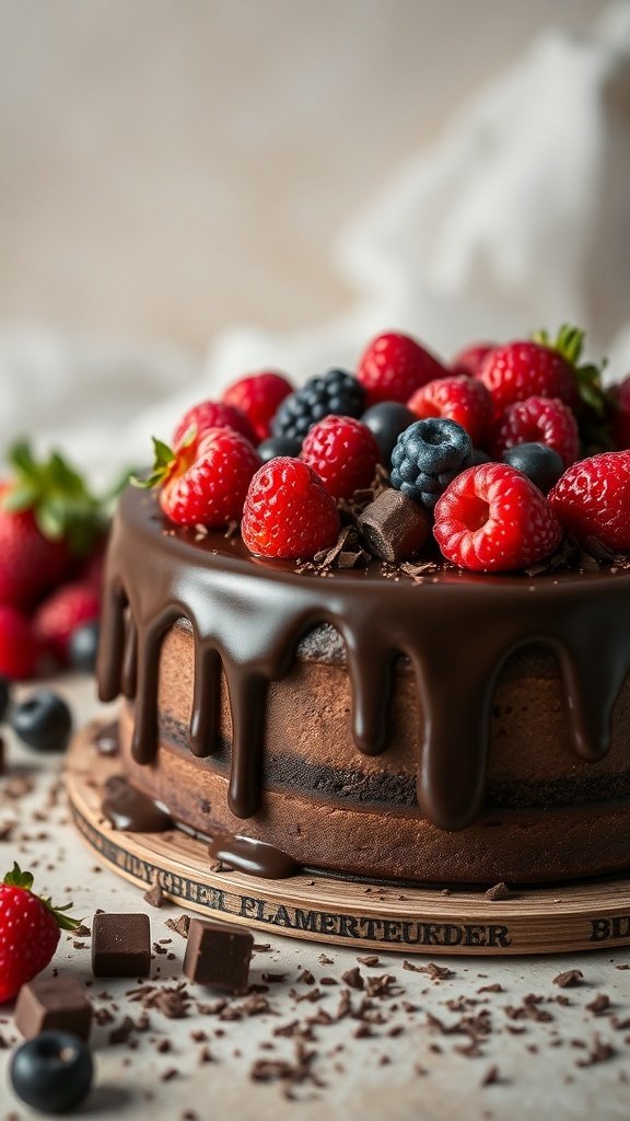 A delicious chocolate ganache drip cake topped with fresh berries and chocolate pieces.