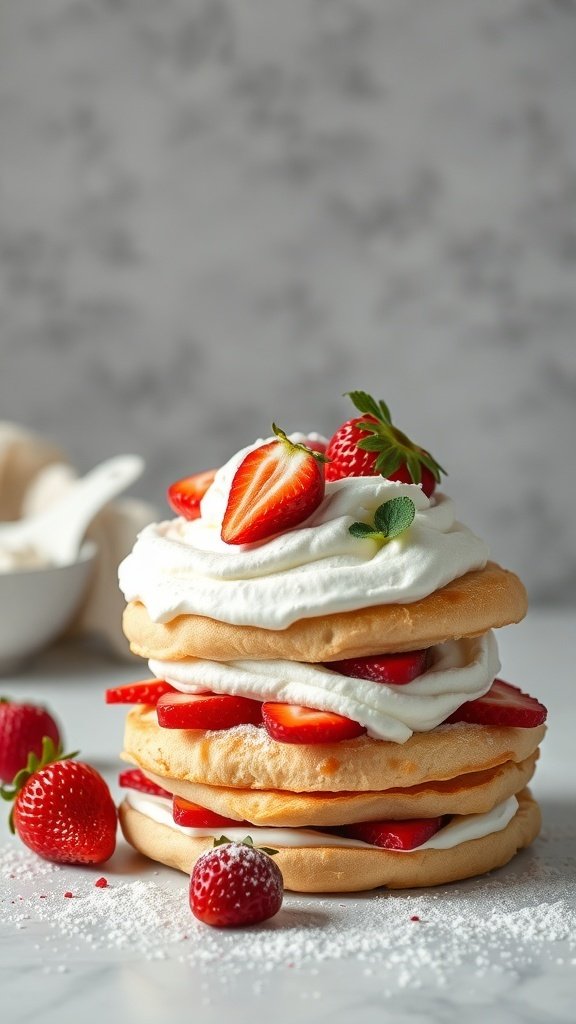 A stack of strawberry shortcake with fresh strawberries and whipped cream