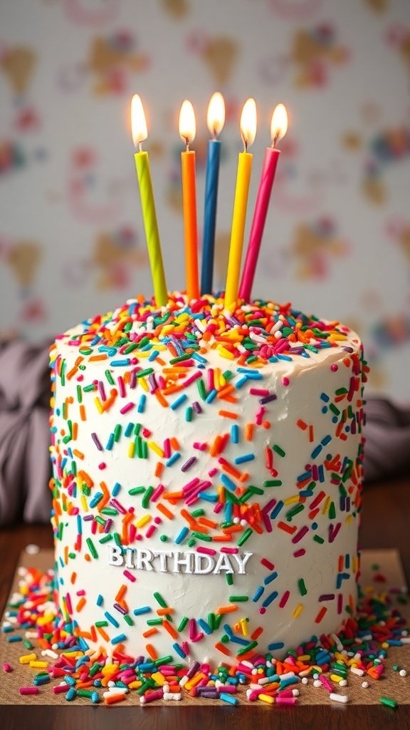 A colorful funfetti birthday cake with sprinkles and candles
