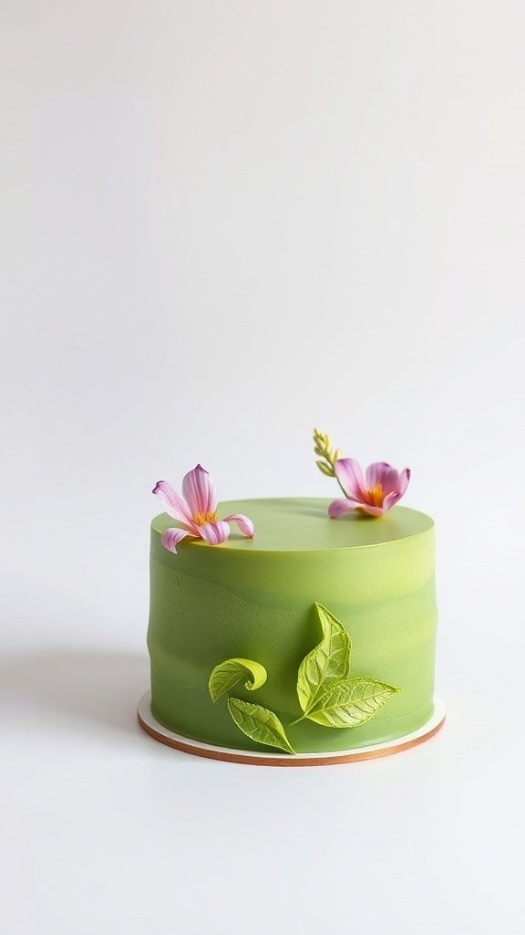 A beautifully decorated matcha green tea cake with pink flowers and green leaves.