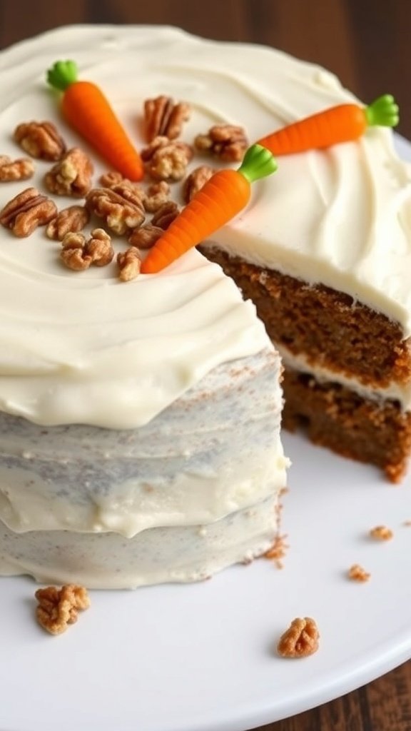 A delicious carrot cake with cream cheese frosting, decorated with mini carrots and walnuts.