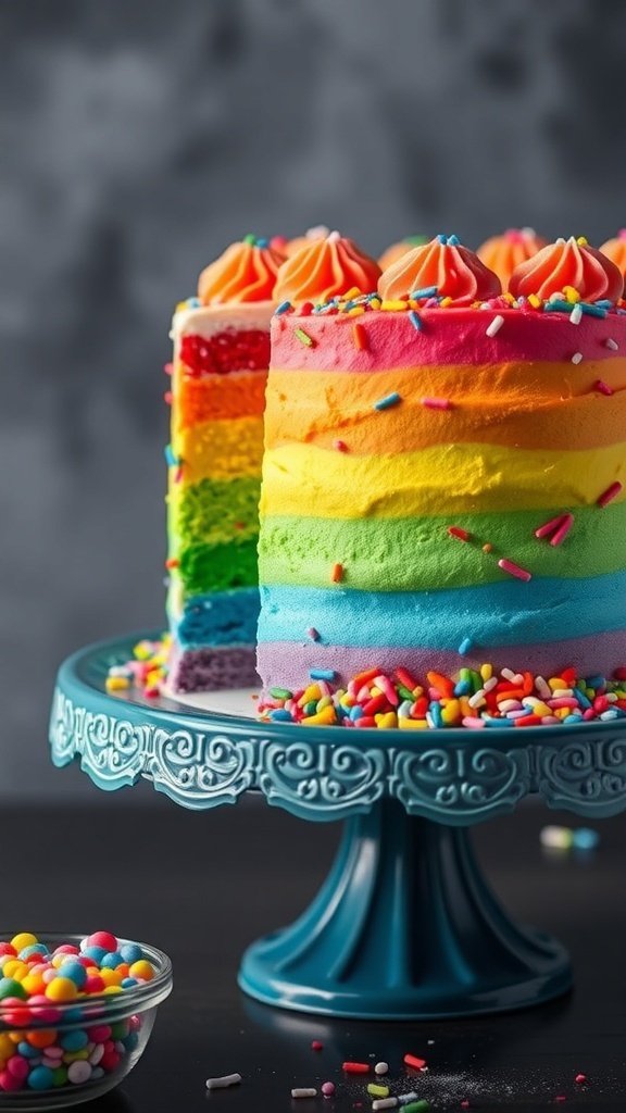 A vibrant rainbow layer cake with colorful layers and sprinkles on a decorative cake stand.