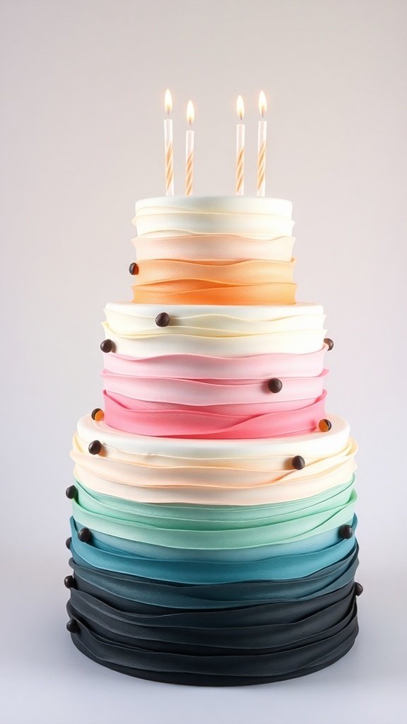 A beautifully layered ombre birthday cake with pastel colors and decorative chocolate pearls.