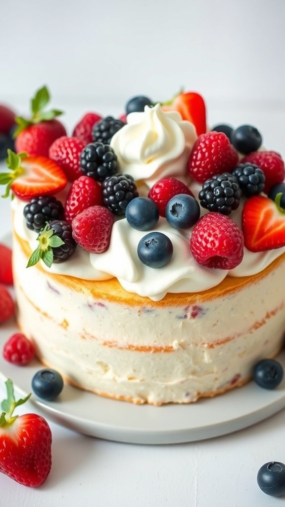 A vanilla bean cake topped with fresh strawberries, blueberries, blackberries, and raspberries.