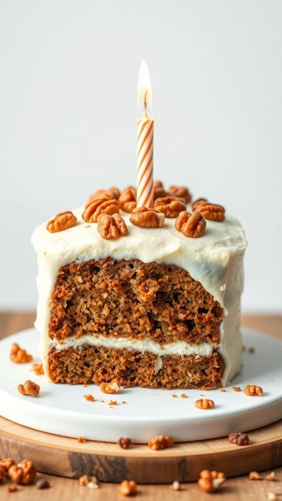 A delicious carrot cake with cream cheese frosting, topped with pecans and a birthday candle.
