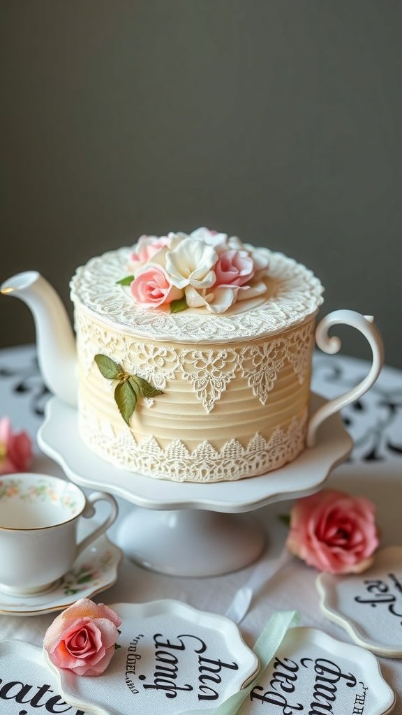 A beautifully decorated vintage tea party cake resembling a teapot, adorned with lace and roses.
