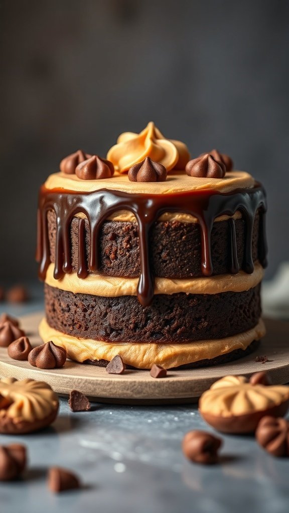 A chocolate peanut butter cake with layers, topped with peanut butter frosting and chocolate drizzle.