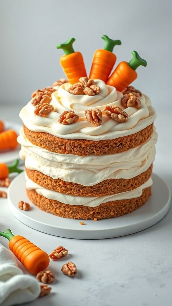 A layered carrot cake with cream cheese frosting, decorated with small carrot toppers and walnuts.