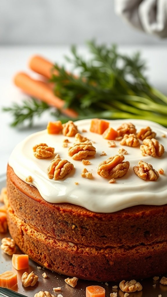 A delicious carrot cake topped with cream cheese icing and walnuts, with fresh carrots in the background.