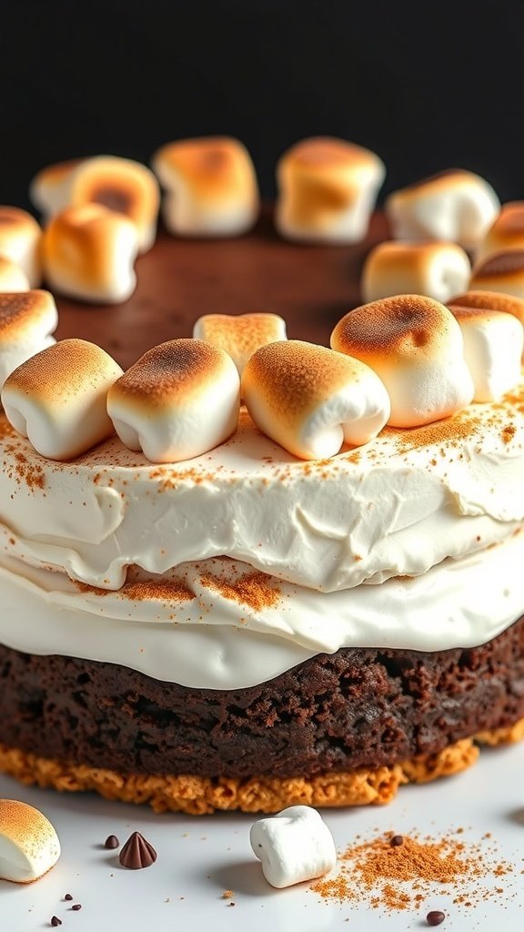 A delicious s'mores cake with layers of chocolate, marshmallow frosting, and toasted marshmallows on top.
