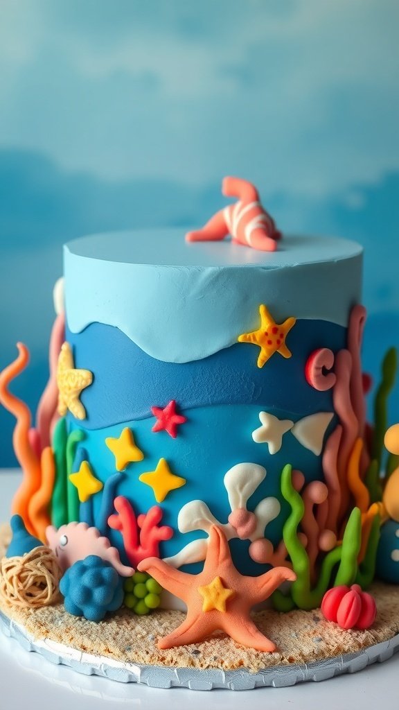 A colorful Under the Sea birthday cake decorated with starfish, coral, and sea creatures.