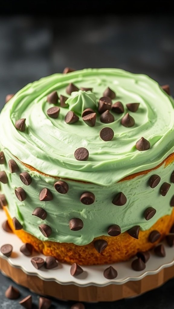A beautifully decorated Mint Chocolate Chip Cake with green frosting and chocolate chips on top.