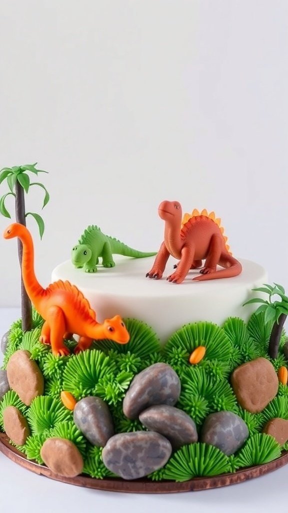 A colorful dinosaur-themed birthday cake with figurines and green frosting.