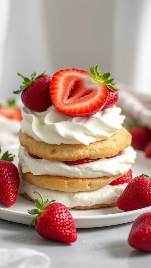 A delicious strawberry shortcake with layers of whipped cream and fresh strawberries on top.