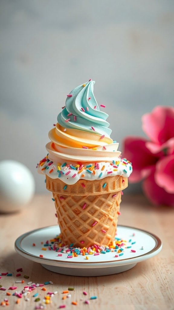 A colorful ice cream cone cake with swirls of frosting and sprinkles on a plate.