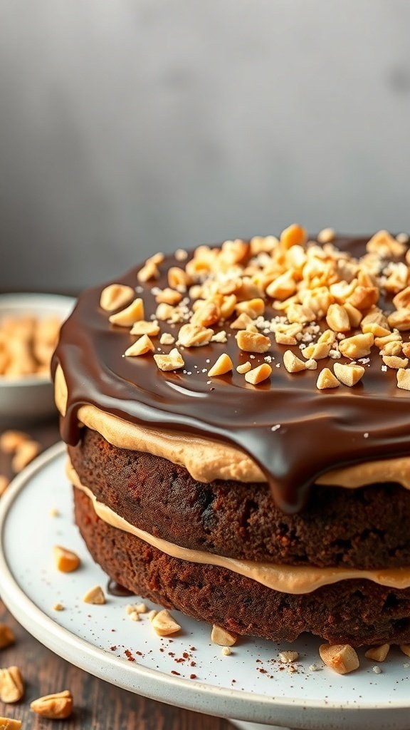 A delicious Chocolate Peanut Butter Layer Cake topped with chocolate ganache and crushed peanuts.