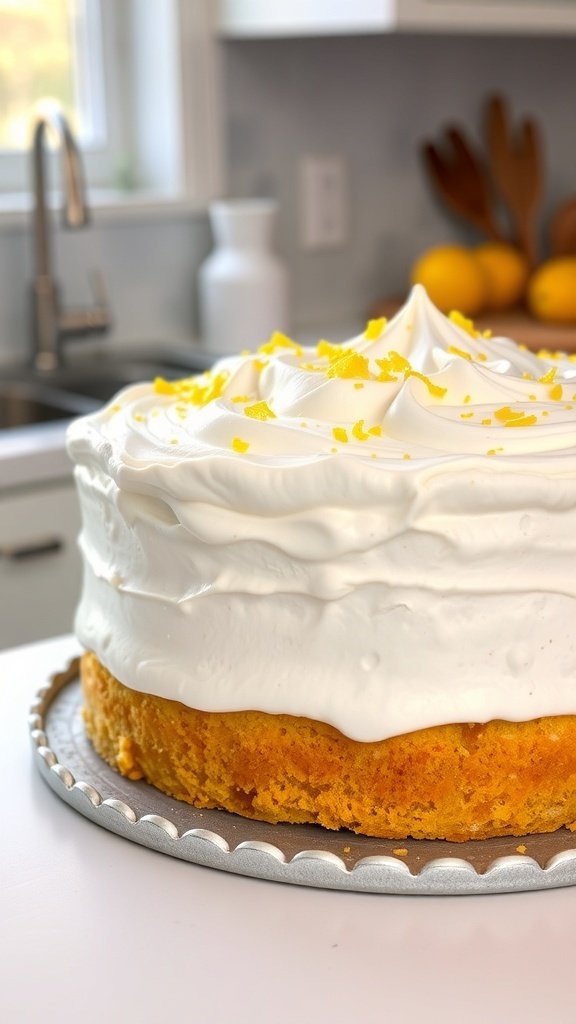 A beautifully decorated Lemon Meringue Cake with a fluffy meringue topping and lemon zest on top.