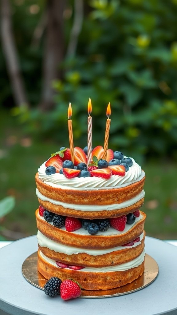 A rustic naked cake with layers of cream and fresh berries, topped with candles.