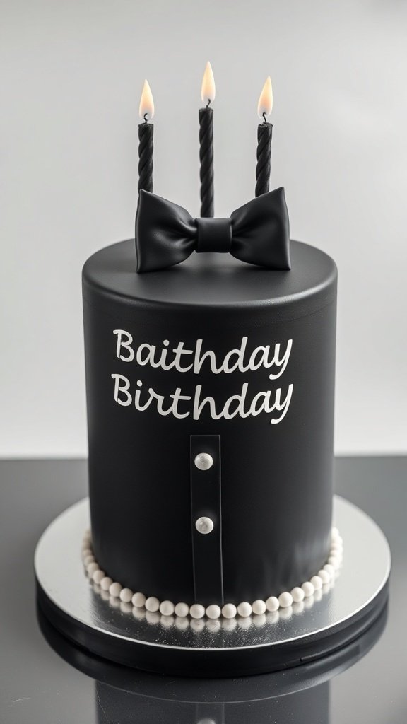 A black birthday cake with a bow tie, candles, and decorative pearls.