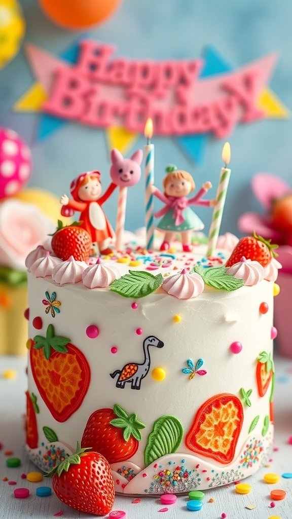A bright strawberry birthday cake with whimsical decorations, featuring fresh strawberries, colorful sprinkles, and playful figurines.