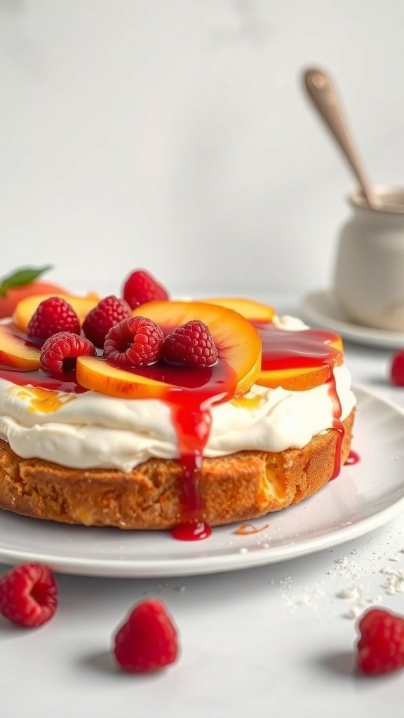 A Peach Melba Cake topped with peach slices, raspberries, and raspberry sauce on a white plate.