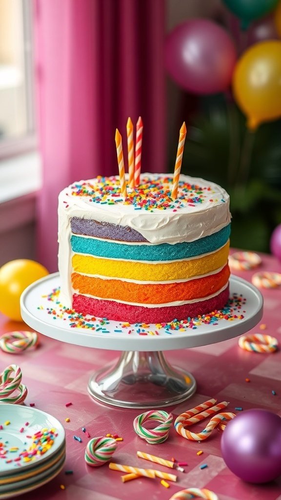 A colorful rainbow layer cake with sprinkles and candles on a table decorated for a birthday party.