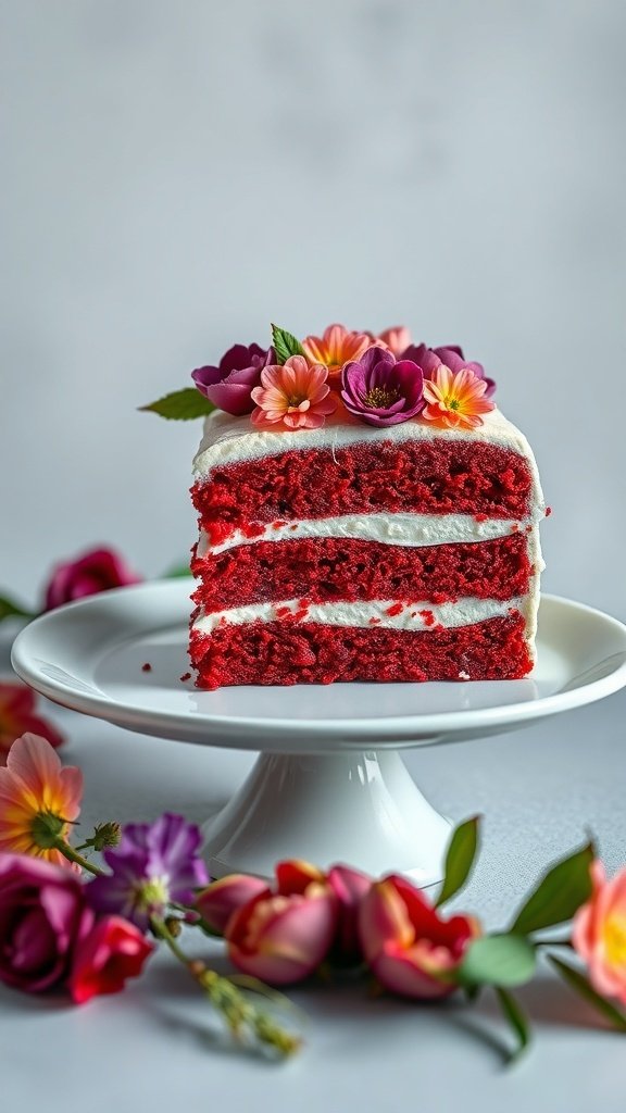 A slice of red velvet cake with cream cheese frosting, topped with colorful flowers, on a white cake stand.