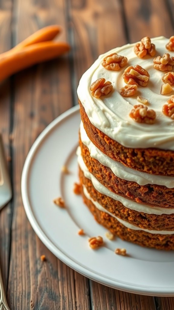 A tall carrot cake with cream cheese frosting and walnuts on top, displayed on a wooden table.