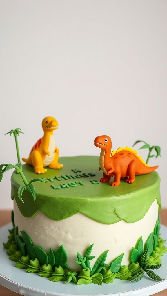 A colorful dinosaur-themed birthday cake with two dinosaur figurines on top and green frosting.