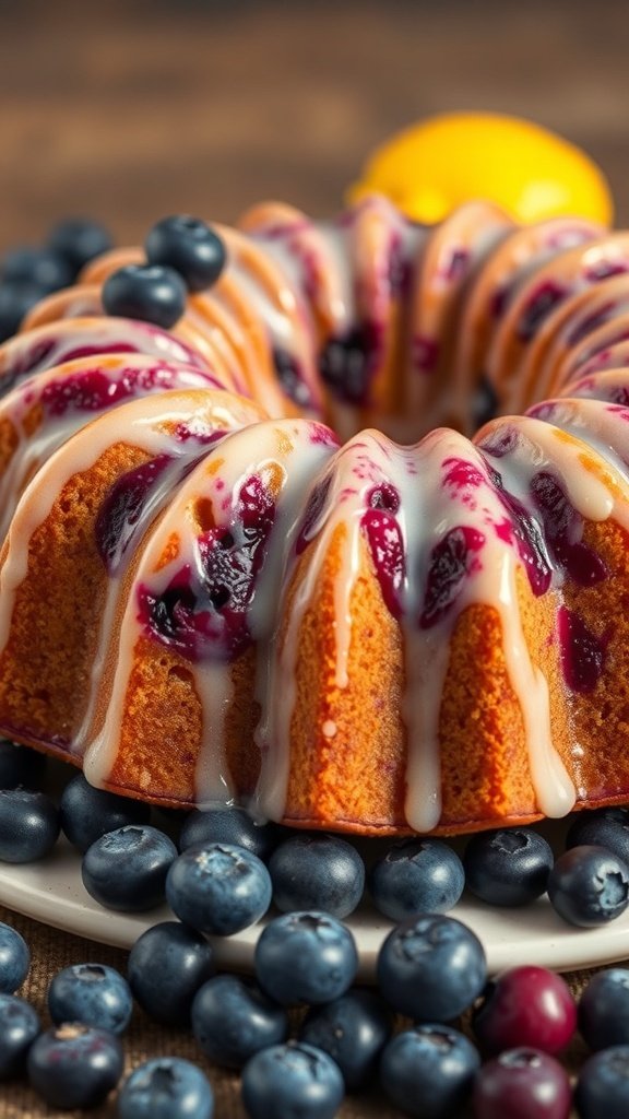 A Lemon Blueberry Bundt Cake drizzled with glaze, surrounded by fresh blueberries.