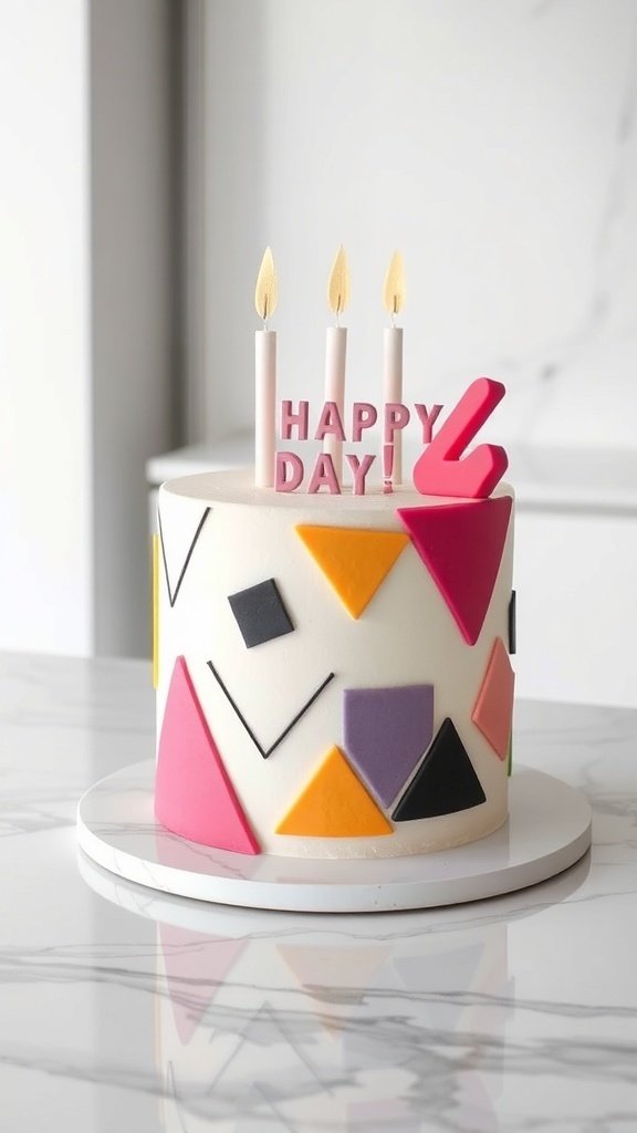 A modern birthday cake with geometric designs in vibrant colors.