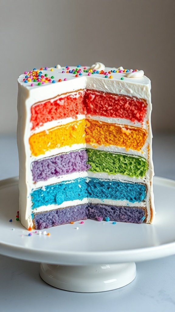A colorful rainbow layer cake with bright layers of red, orange, yellow, green, blue, and purple, topped with white frosting and sprinkles.