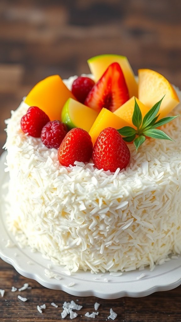 A beautifully decorated Tropical Coconut Cake topped with fresh fruits like strawberries, mangoes, and raspberries, surrounded by shredded coconut.
