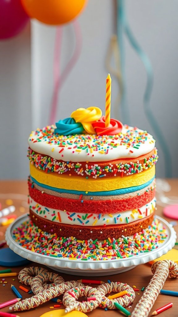 A colorful rainbow layer cake with sprinkles and a candle on top, surrounded by festive decorations.