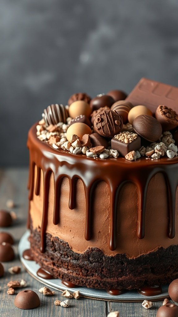 A beautifully decorated chocolate drip cake topped with assorted chocolates and a glossy ganache.