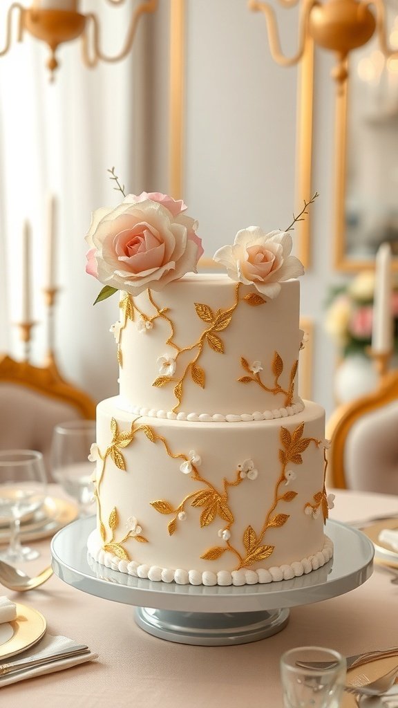 A two-tier cake with gold accents and pink roses on top, elegantly presented on a table.