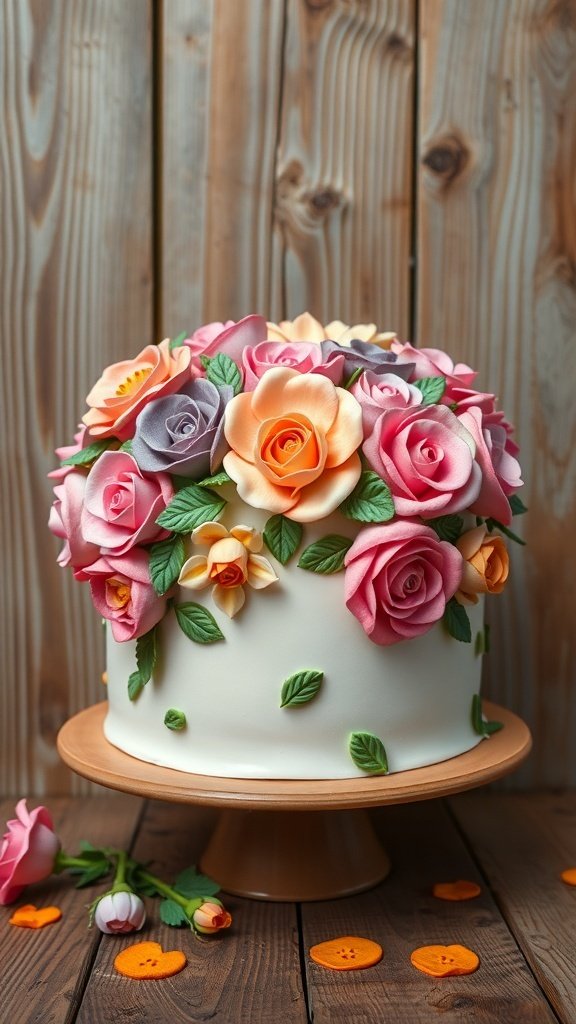 A beautifully decorated floral buttercream cake with colorful roses on top, displayed on a wooden table.
