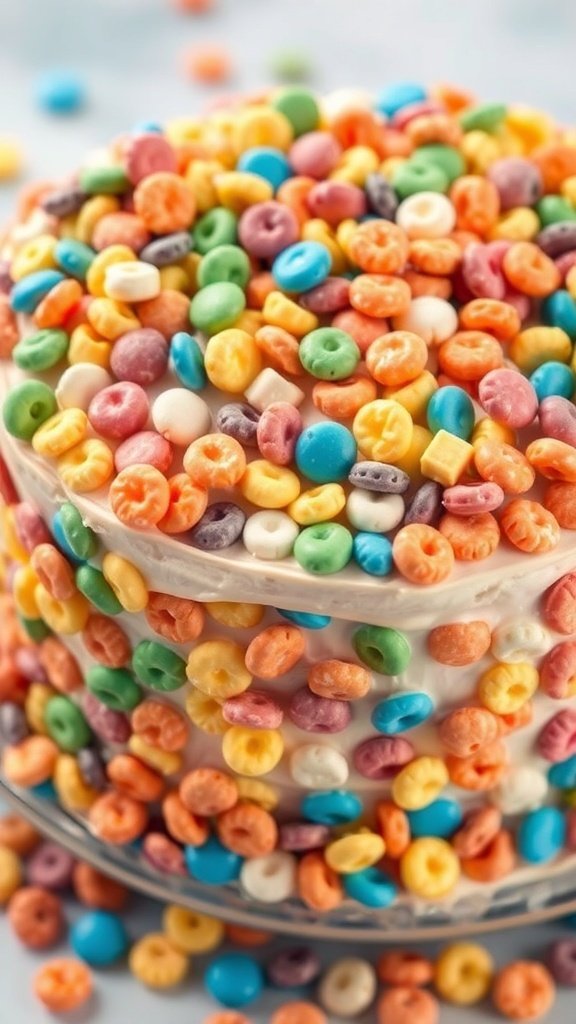 A colorful Fruity Pebbles cake covered in vibrant frosting and topped with Fruity Pebbles cereal.
